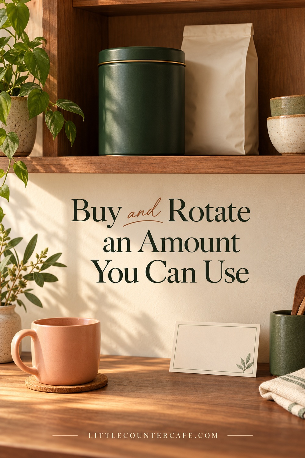 A modest coffee supply on a wooden shelf with a blank inventory card below.