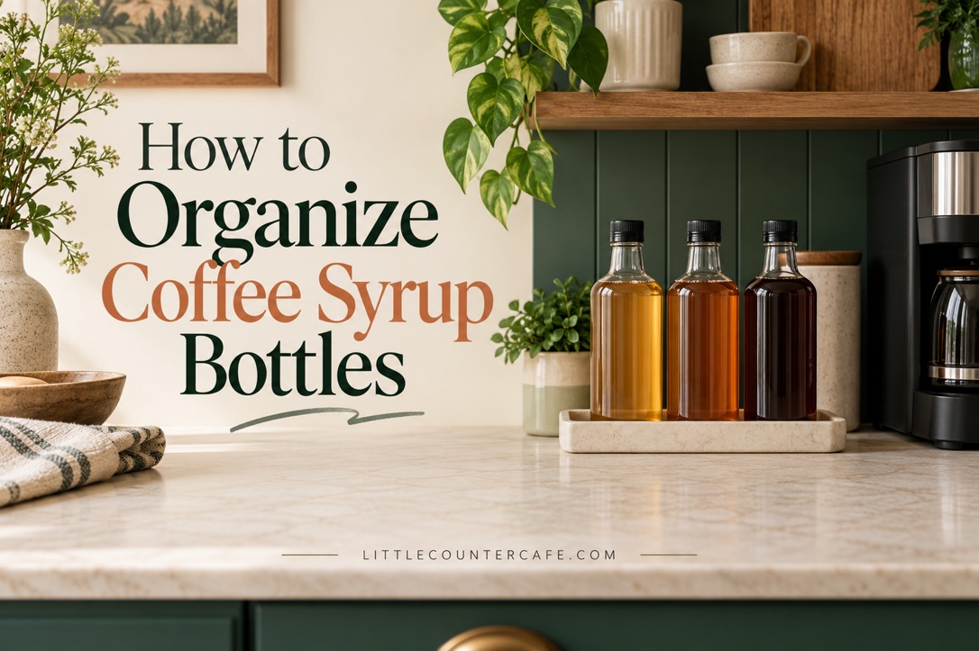 Three capped syrup bottles on a low cream tray beside a coffee machine and clear counter.