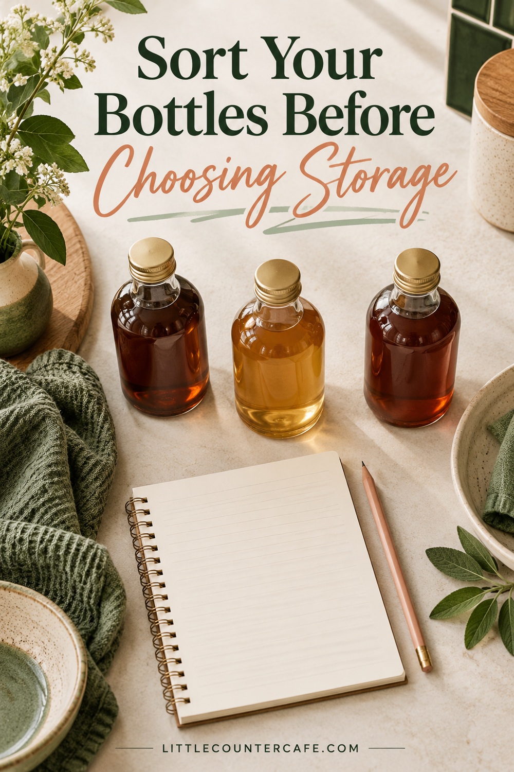Overhead view of three capped syrup bottles beside a blank notebook and peach pencil.