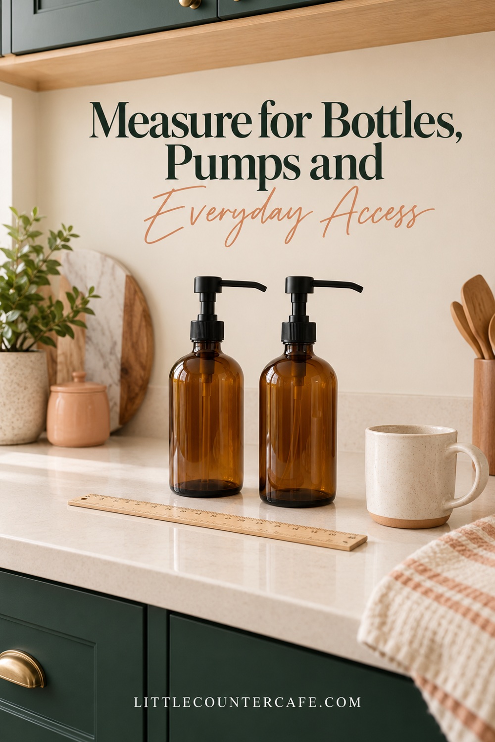 Two syrup bottles with black pumps beside a ruler and a cream mug under open counter space.