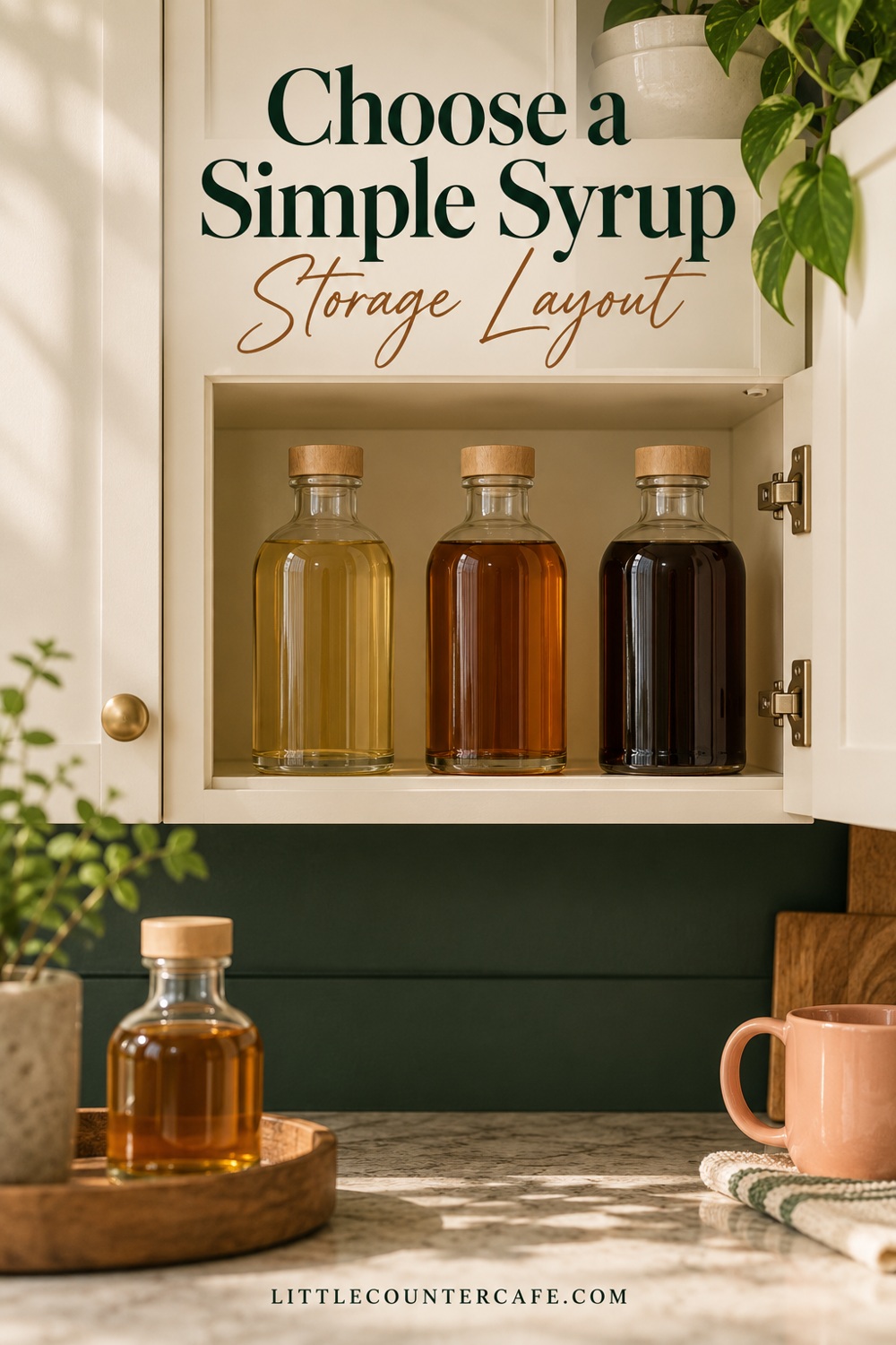 Three capped syrup bottles inside a cream cabinet with a daily bottle on the counter below.