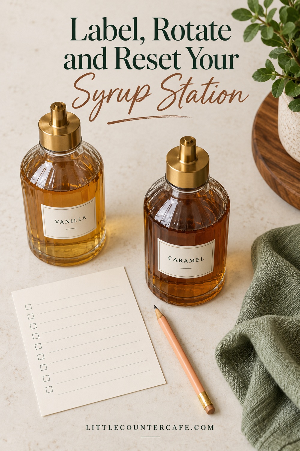 Vanilla and caramel bottles beside a blank checklist, pencil and sage cloth.