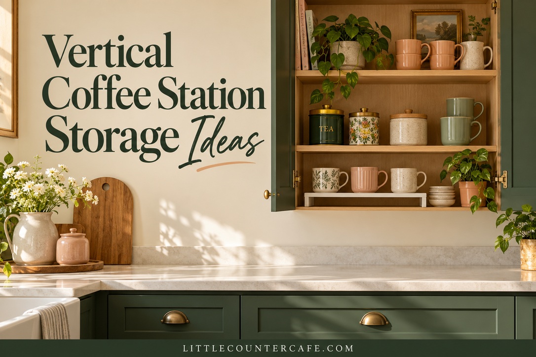 Open green-trimmed oak cabinet with mugs, tea tins and a low white riser above a clear cream counter.