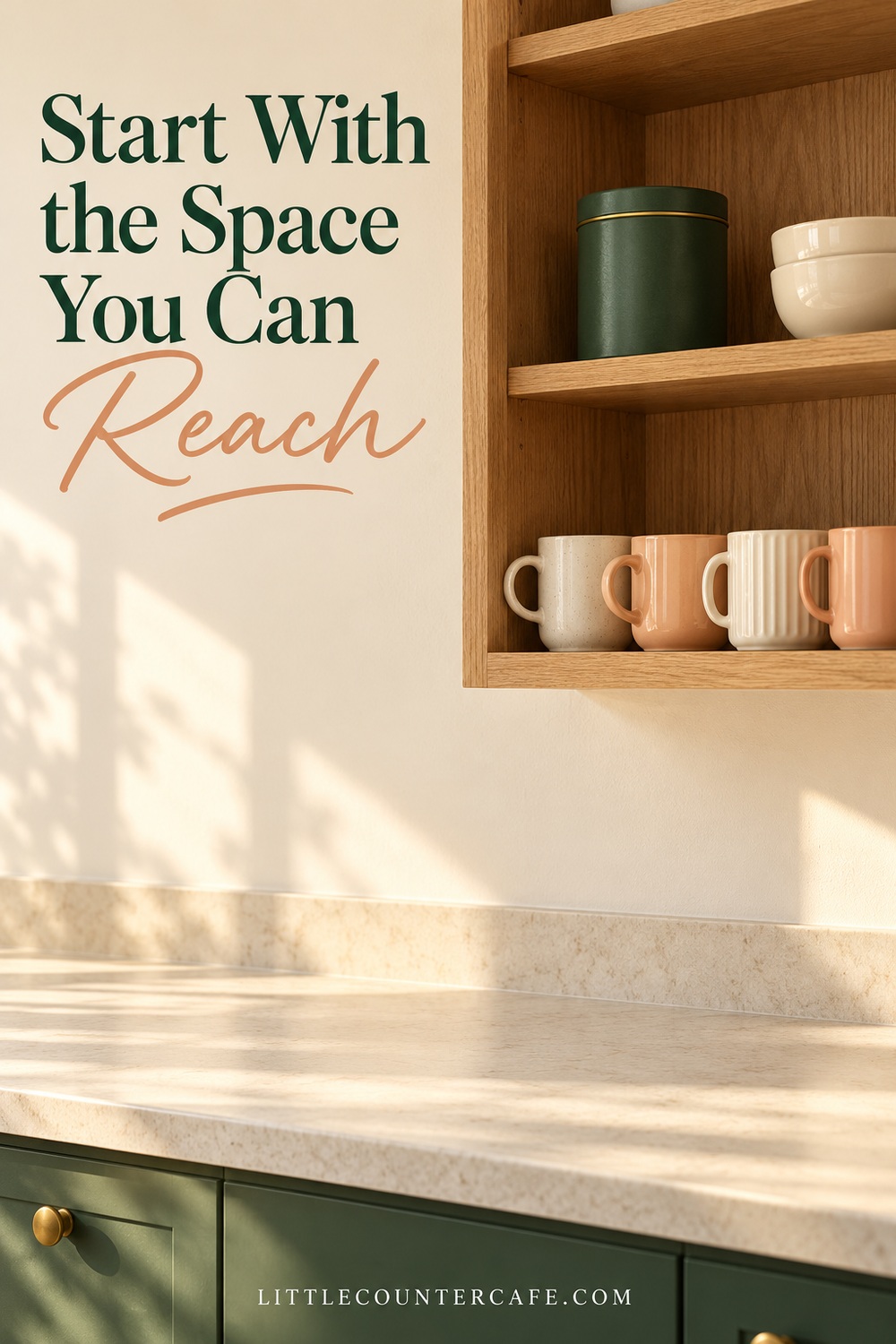 Cream and peach mugs in one accessible row inside an oak cabinet beside a dark green tin.