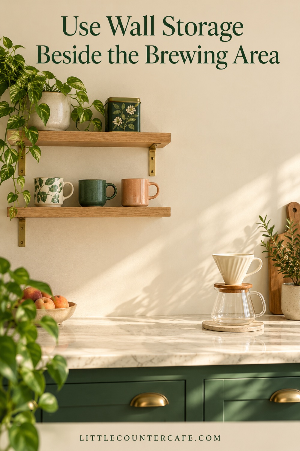 Two oak shelves with mugs and a tin to the left of a cream pour-over dripper on a clear counter.