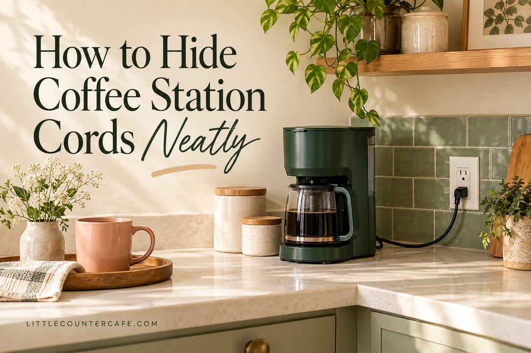 Concept illustration: wide cream counter with forest-green coffee maker, accessible wall outlet and relaxed single cord at backsplash; peach mug on separate wood tray.