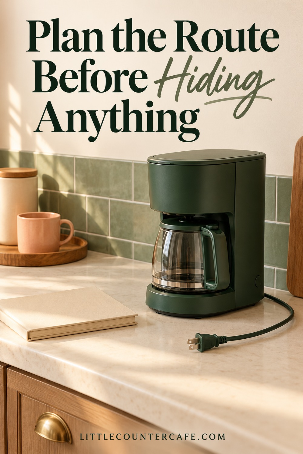 Concept illustration: unplugged brewer with cord lying freely beside closed manual, cream counter, sage tiles.