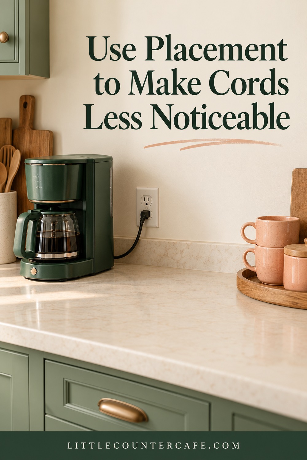 Concept illustration: side view of coffee maker near wall outlet, short relaxed cord, mugs grouped on separate tray with open space.