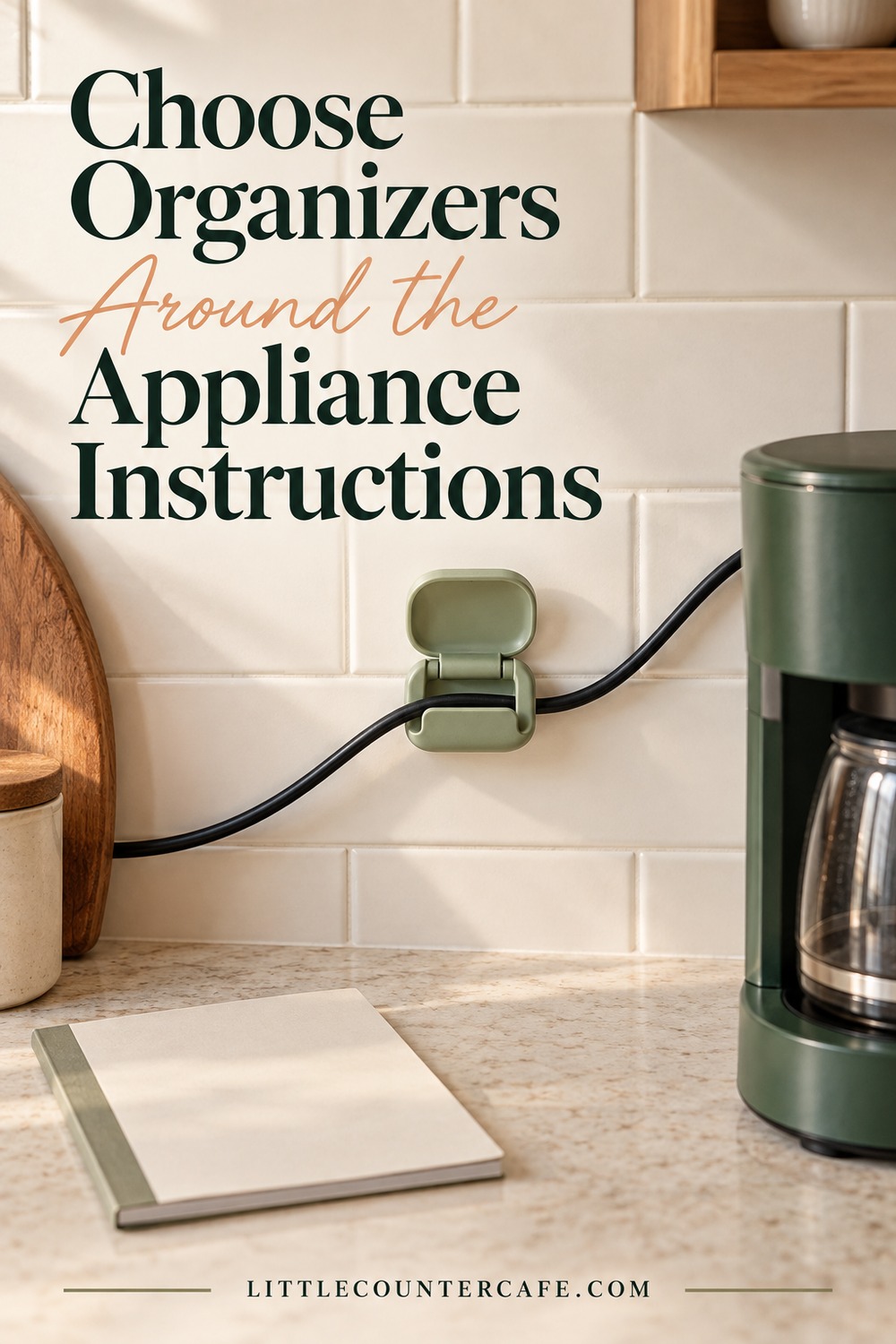 Concept illustration: close view of open cord guide on a cool dry backsplash away from coffee appliance; gentle cord curve, no coils.