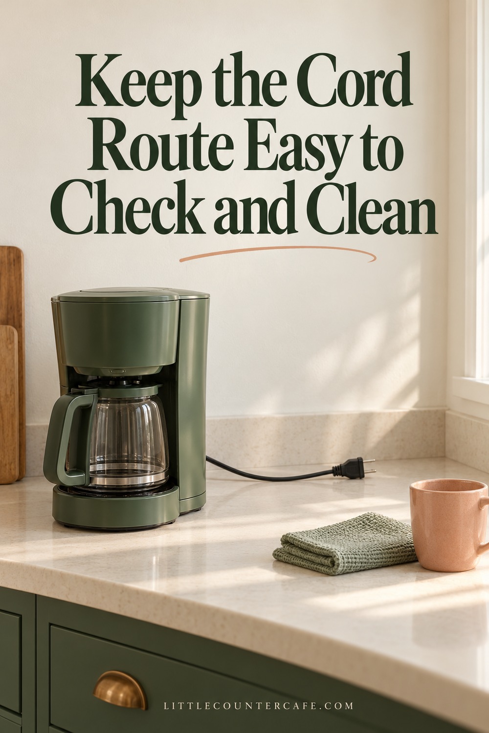 Concept illustration: unplugged green coffee maker with original cord laid on a clear cream counter beside a folded sage cloth and peach mug.