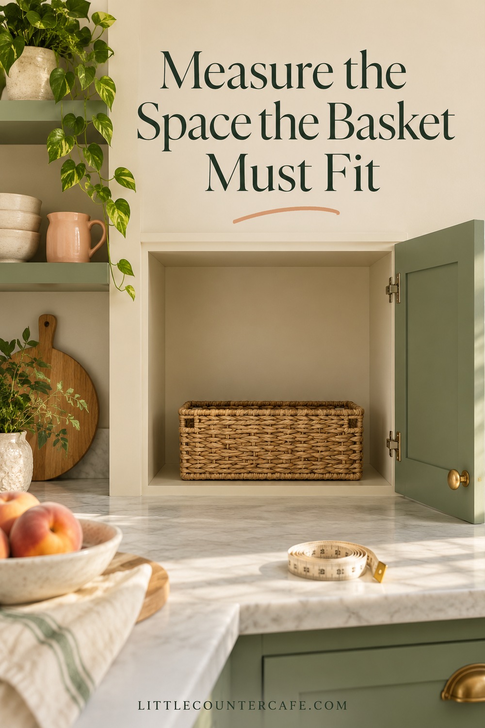 Low woven basket inside a cream cabinet with clear space above and around it.
