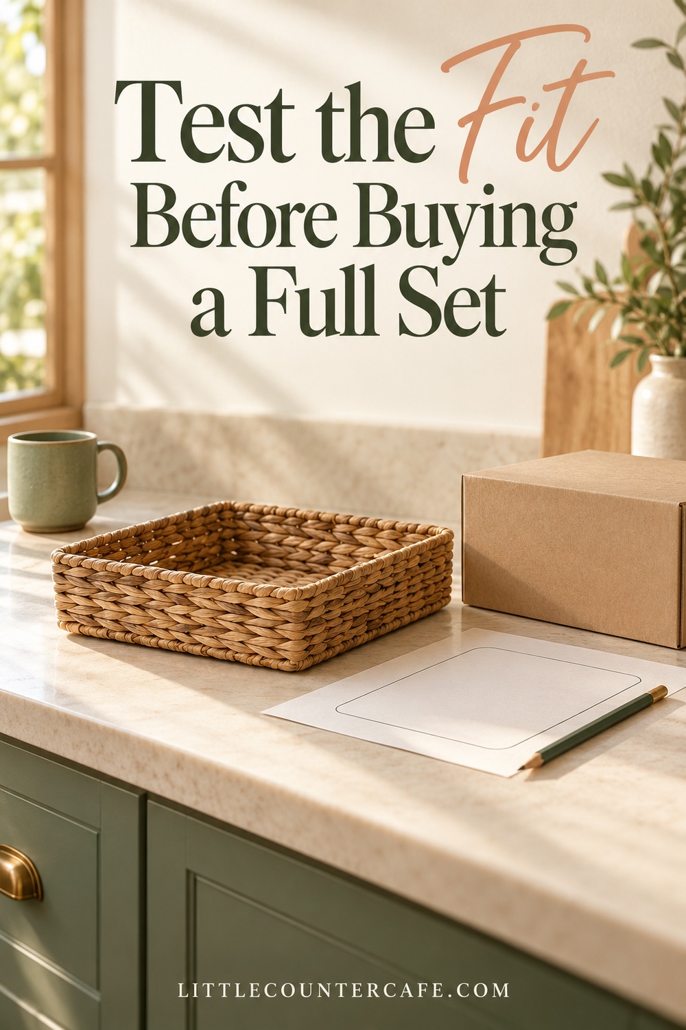 Single woven basket beside a cardboard mockup and paper footprint on a cream counter.