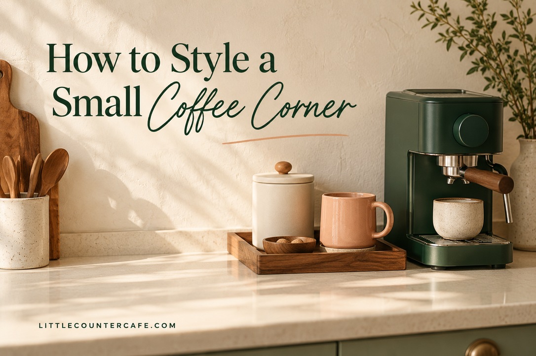 Forest green espresso machine beside a peach mug and closed cream canister on a wooden accessory tray.