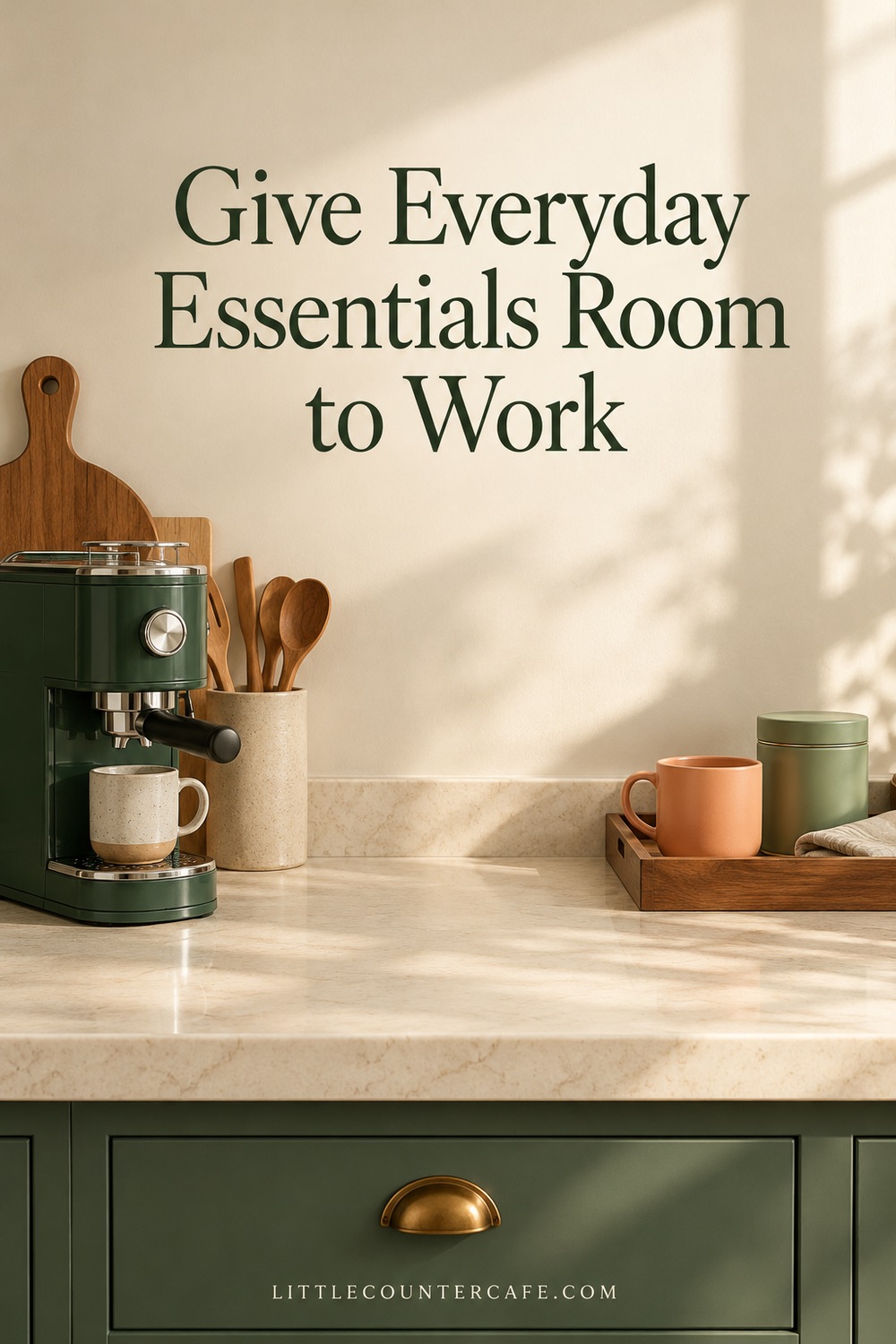 Green coffee machine and peach mug accessory tray separated by clear cream counter space.