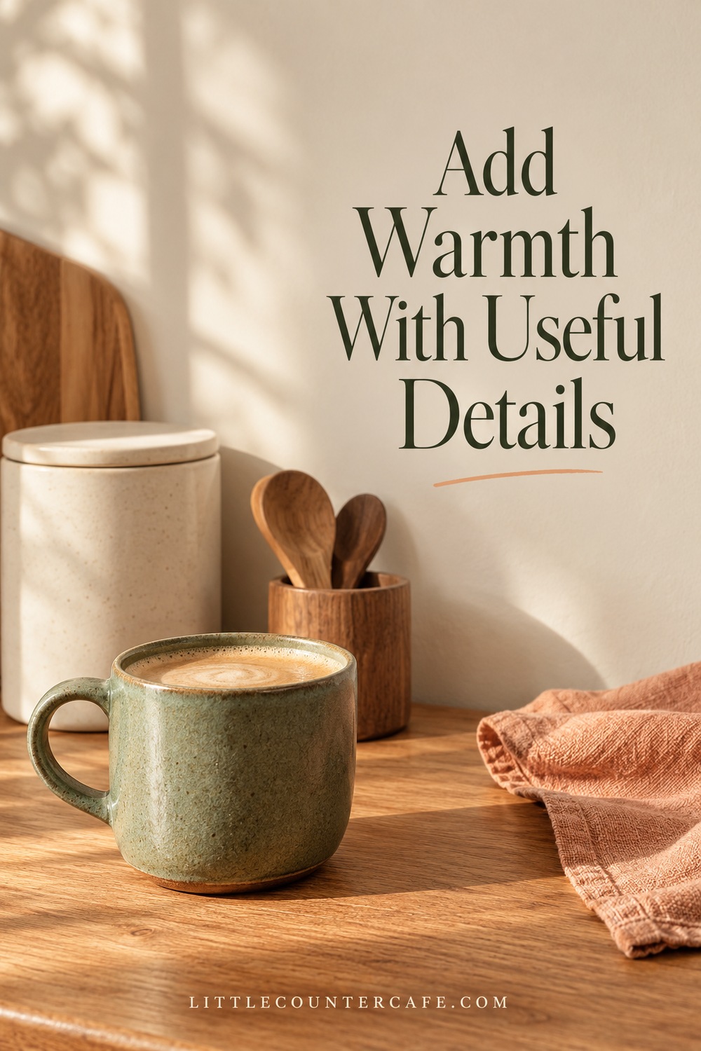 Textured sage coffee mug with wooden spoons, closed cream canister, and peach cloth on oak.