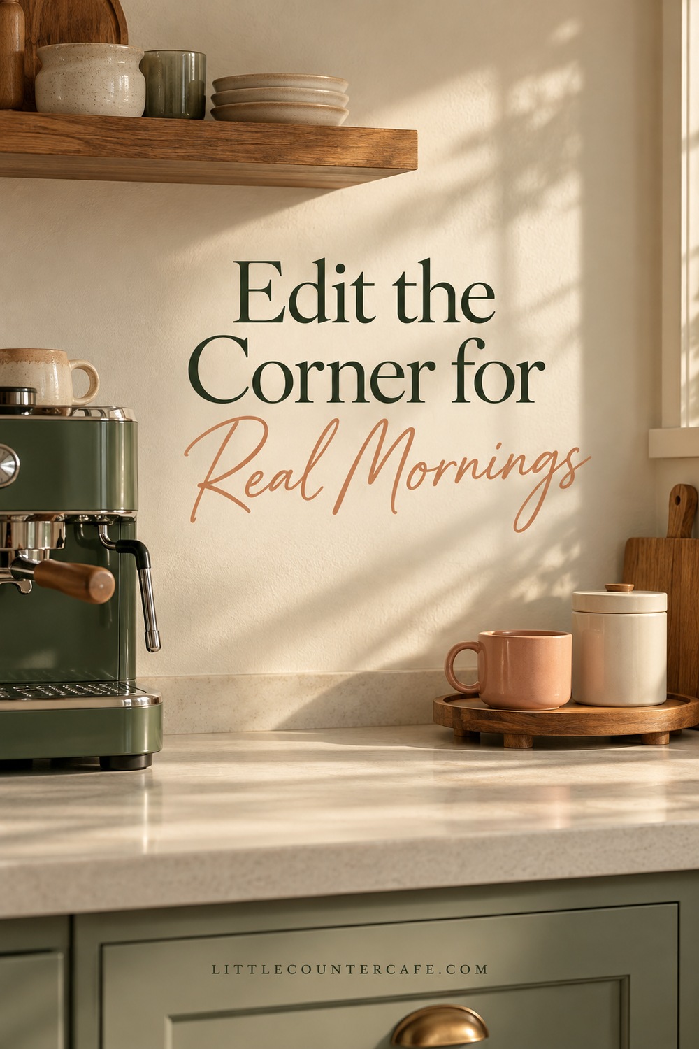 Green espresso machine beside a clear cream counter and a peach cup with closed cream tin on a low tray.