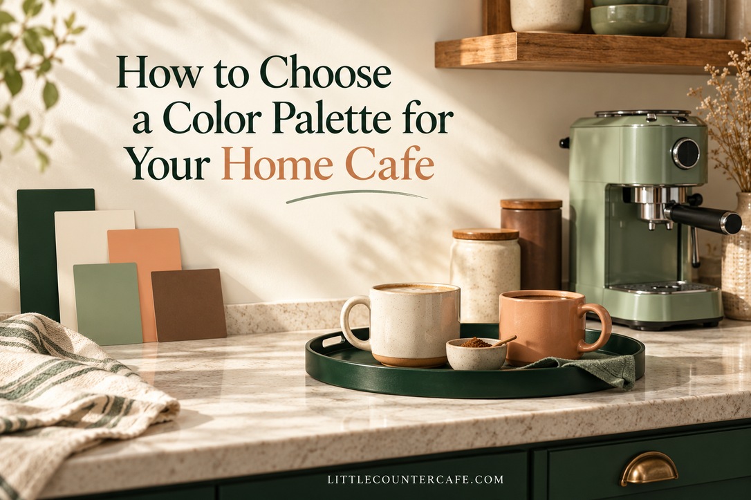 Illustrative cream coffee counter with sage machine, forest green tray, peach and cream mugs, and color samples.