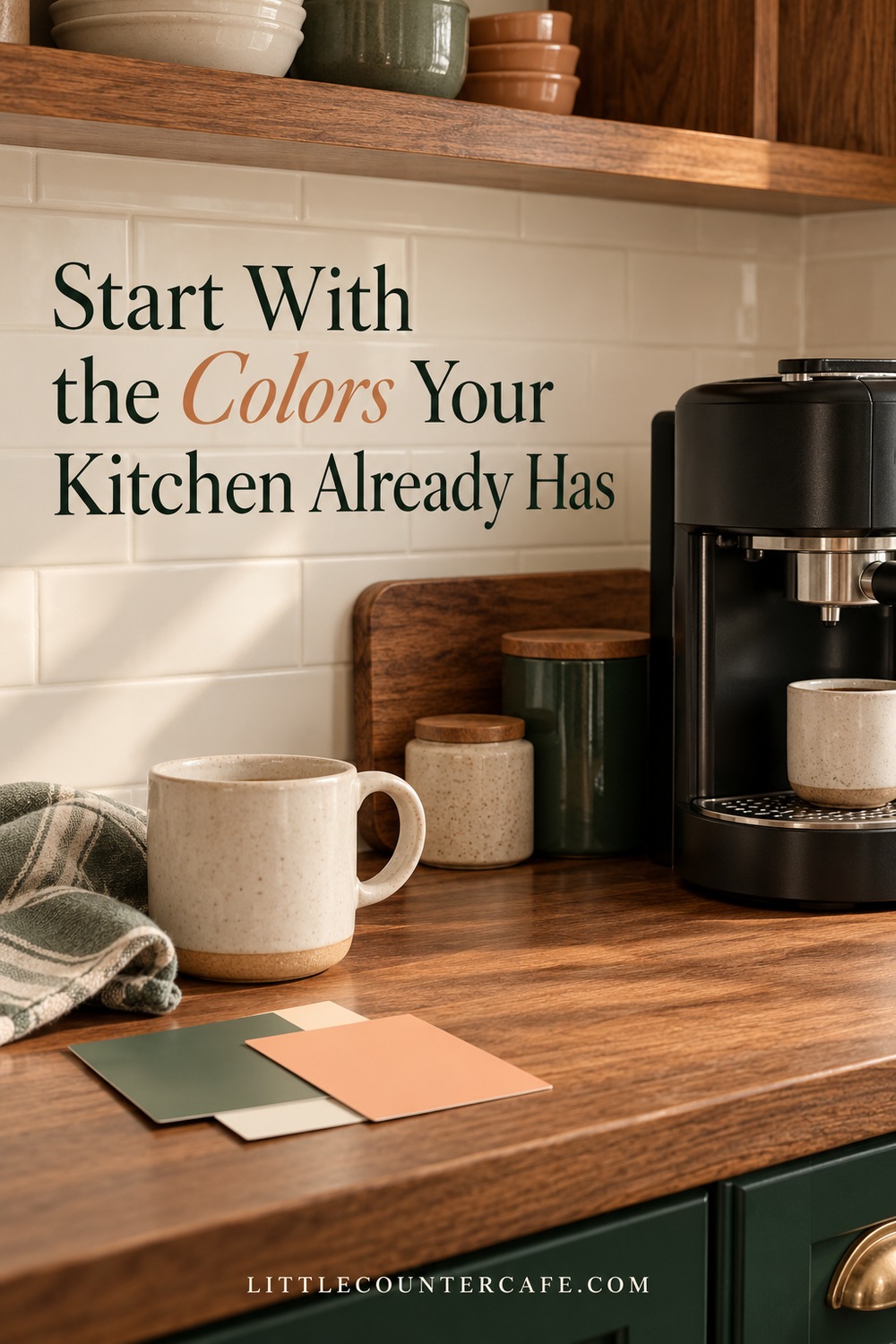 Concept coffee corner with existing cream tile, wooden cabinetry, a black machine, and sage and peach samples.