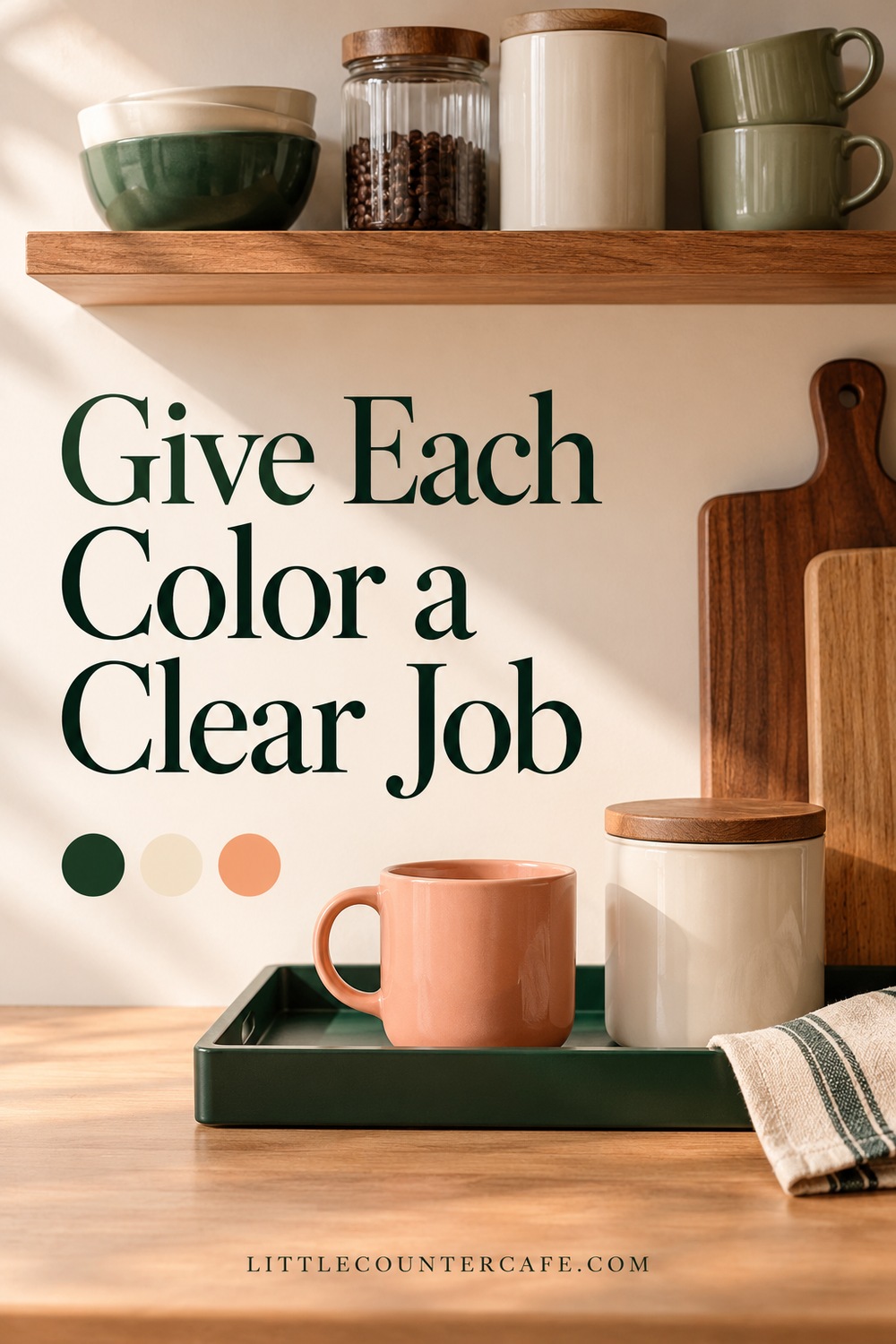 Styling inspiration using a cream background, green tray, and a small peach accent mug.