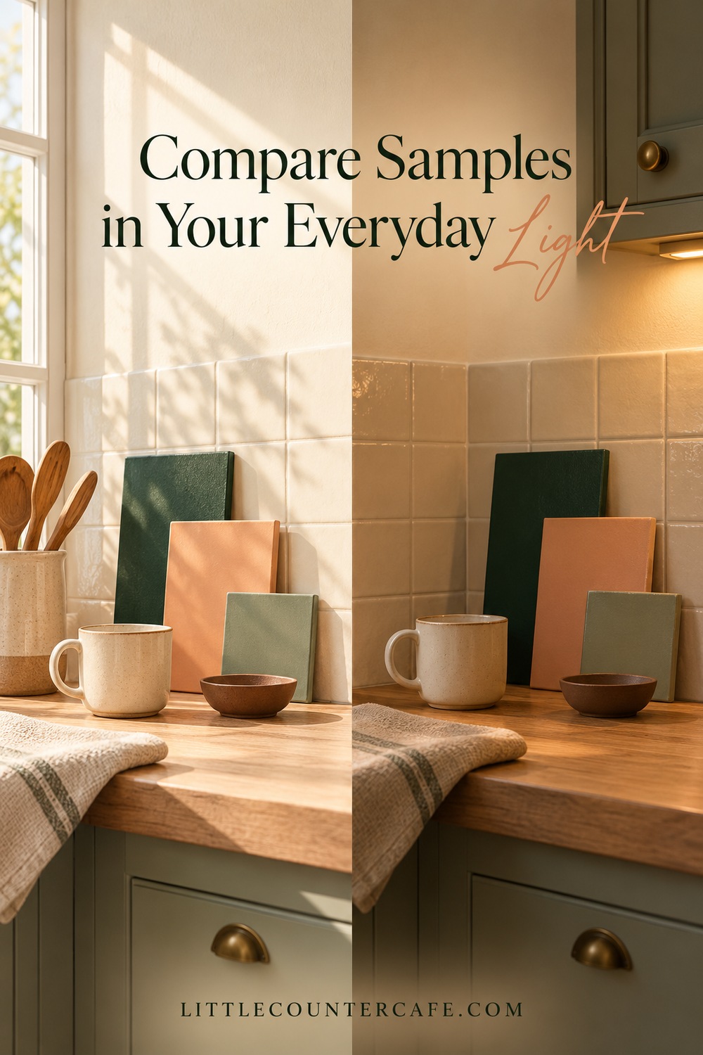 Concept comparison of ceramic and fabric samples under morning and evening kitchen lighting.