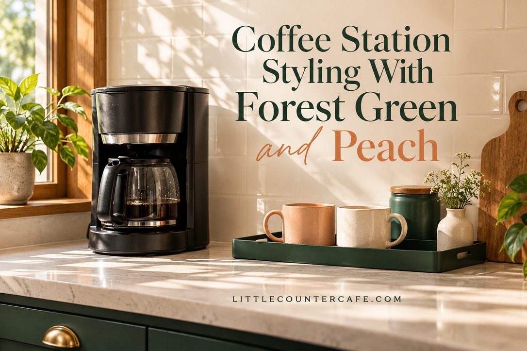 Concept coffee corner with a black drip coffee maker and a green tray holding peach and cream mugs against cream tile.