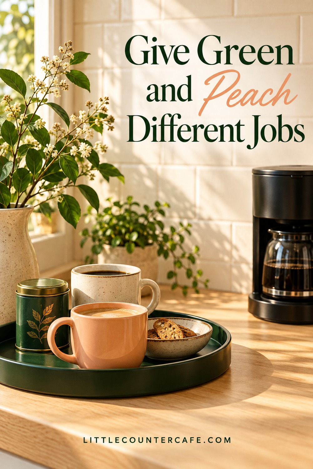 Illustrative green tray with peach and cream coffee cups and a tea tin beside a black coffee maker.