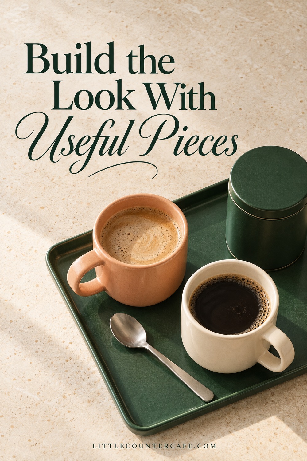 Concept overhead arrangement of peach and cream coffee cups, a green tea tin, and a teaspoon on a forest green tray.