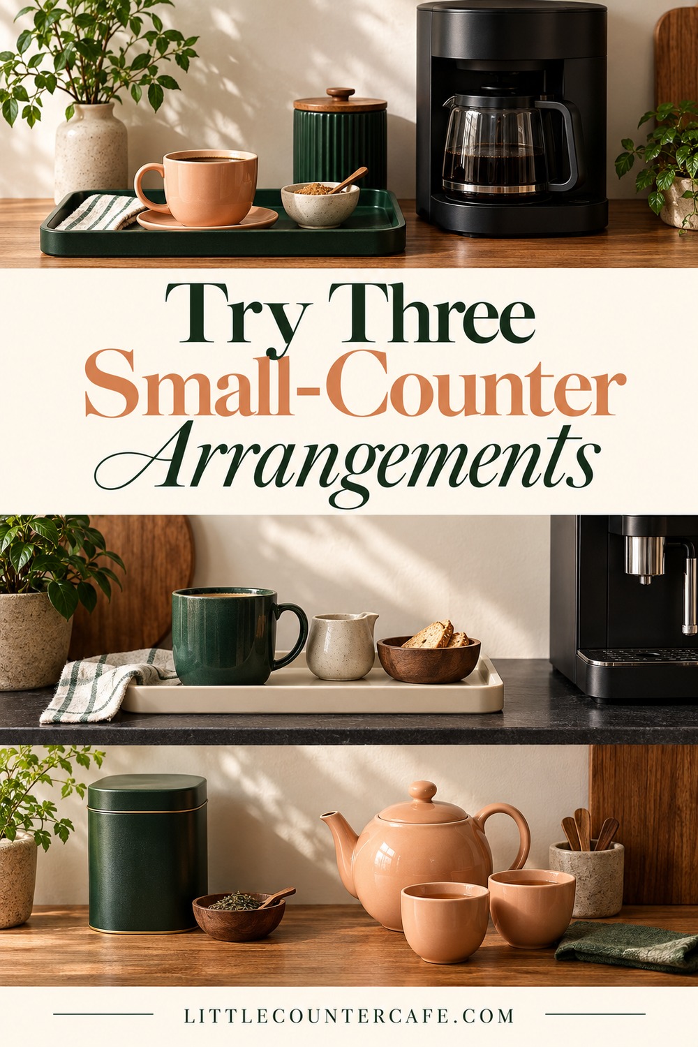 Three illustrative arrangements: a peach cup on green tray, a green mug on a pale tray, and a peach teapot beside a green tea tin.