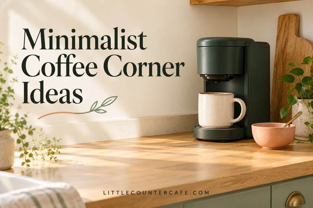 Forest green coffee maker with a cream mug and peach bowl on a clear oak kitchen counter.