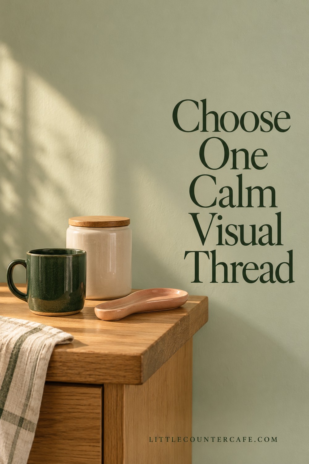 Green mug, cream canister and peach spoon rest against a sage wall.