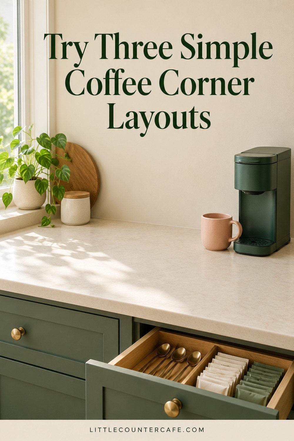 Green coffee maker and peach mug above an open supply drawer on a cream kitchen counter.