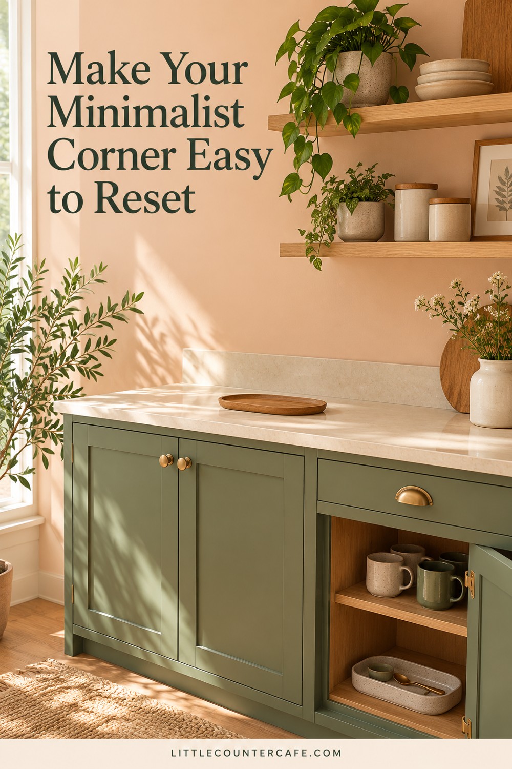 Clear counter and green cabinets with mugs and a spoon stored inside an open cupboard.