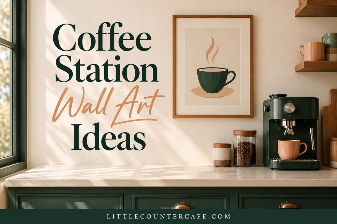 A green coffee machine and peach mug beside an oak-framed green cup print on a cream kitchen wall.