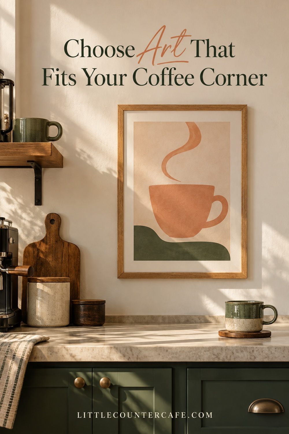 An oak-framed peach cup illustration above a green mug on a cream coffee counter.