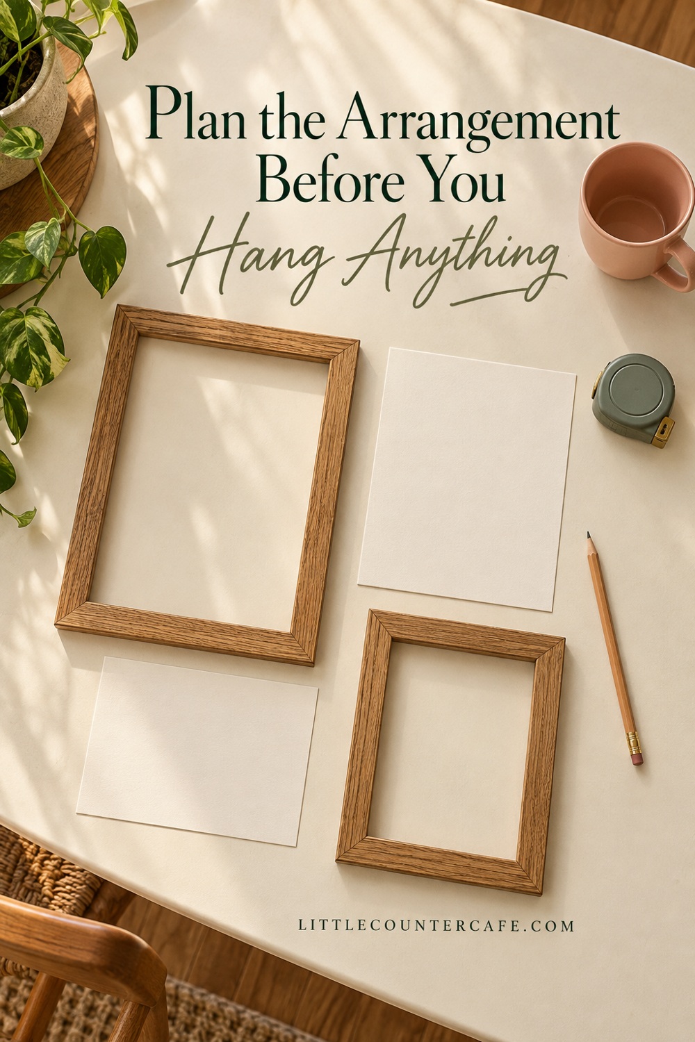 Two empty oak frames and paper templates on a cream table with a pencil and closed tape measure.