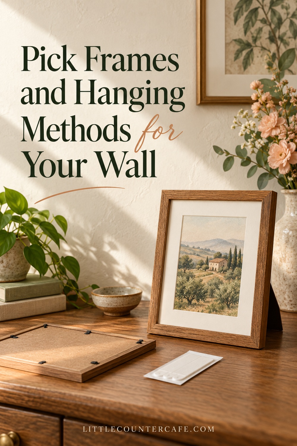 A standing landscape frame, flat frame backing and plain hanging strips on a wooden table.