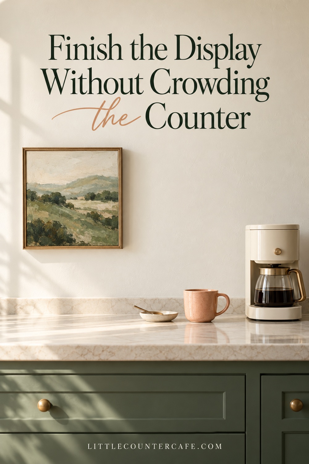 A landscape print on the left of a clear cream counter with a cream brewer and peach mug on the right.