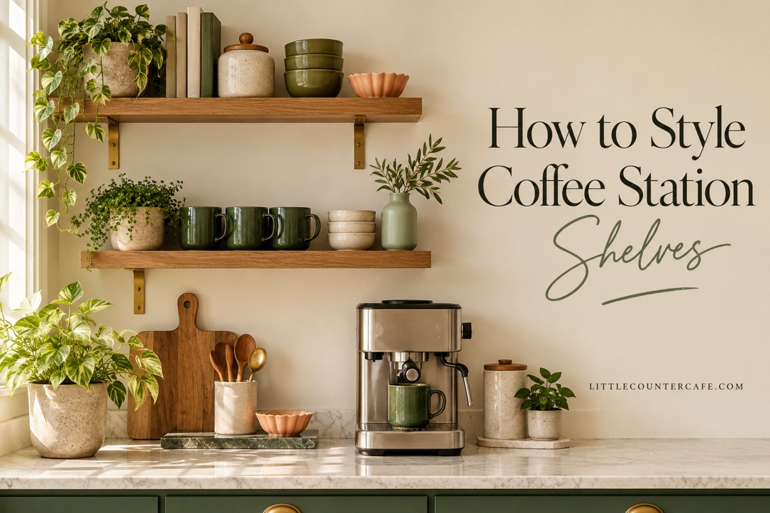 Two warm wood shelves with green mugs, cream ceramics and plants beside a compact espresso machine.