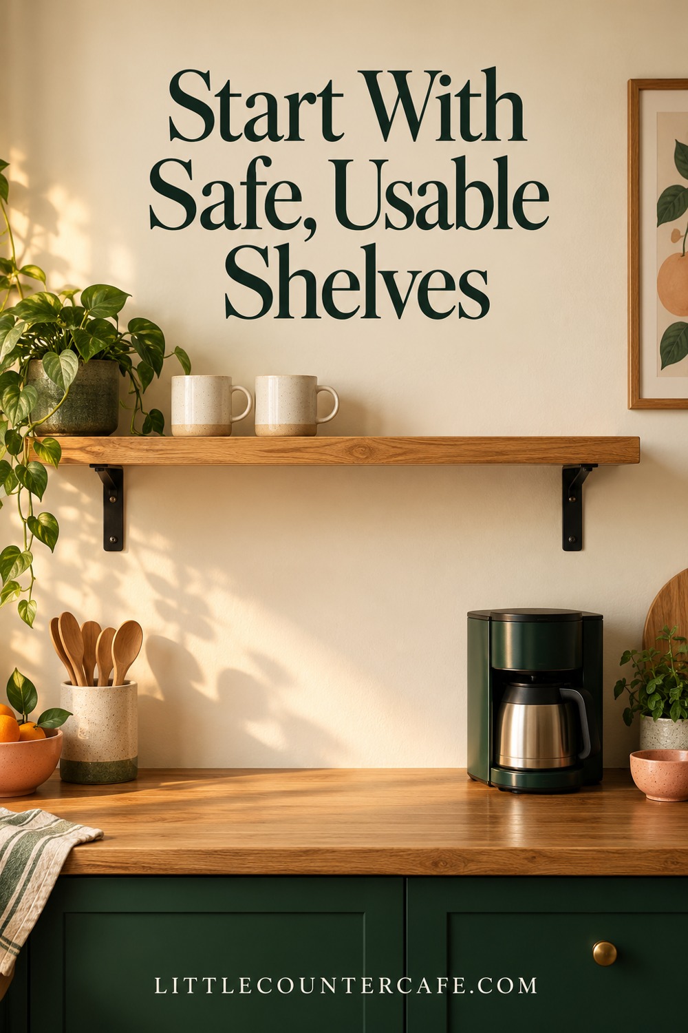 Two cream mugs on a bracketed oak shelf above a clear wooden counter and green coffee maker.
