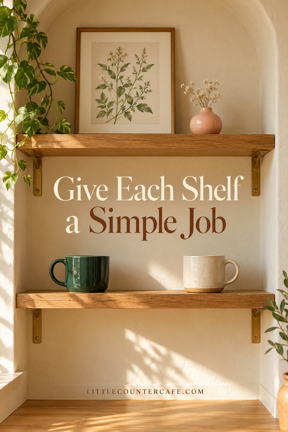 Botanical print and peach vase on an upper shelf, with green and cream everyday mugs below.