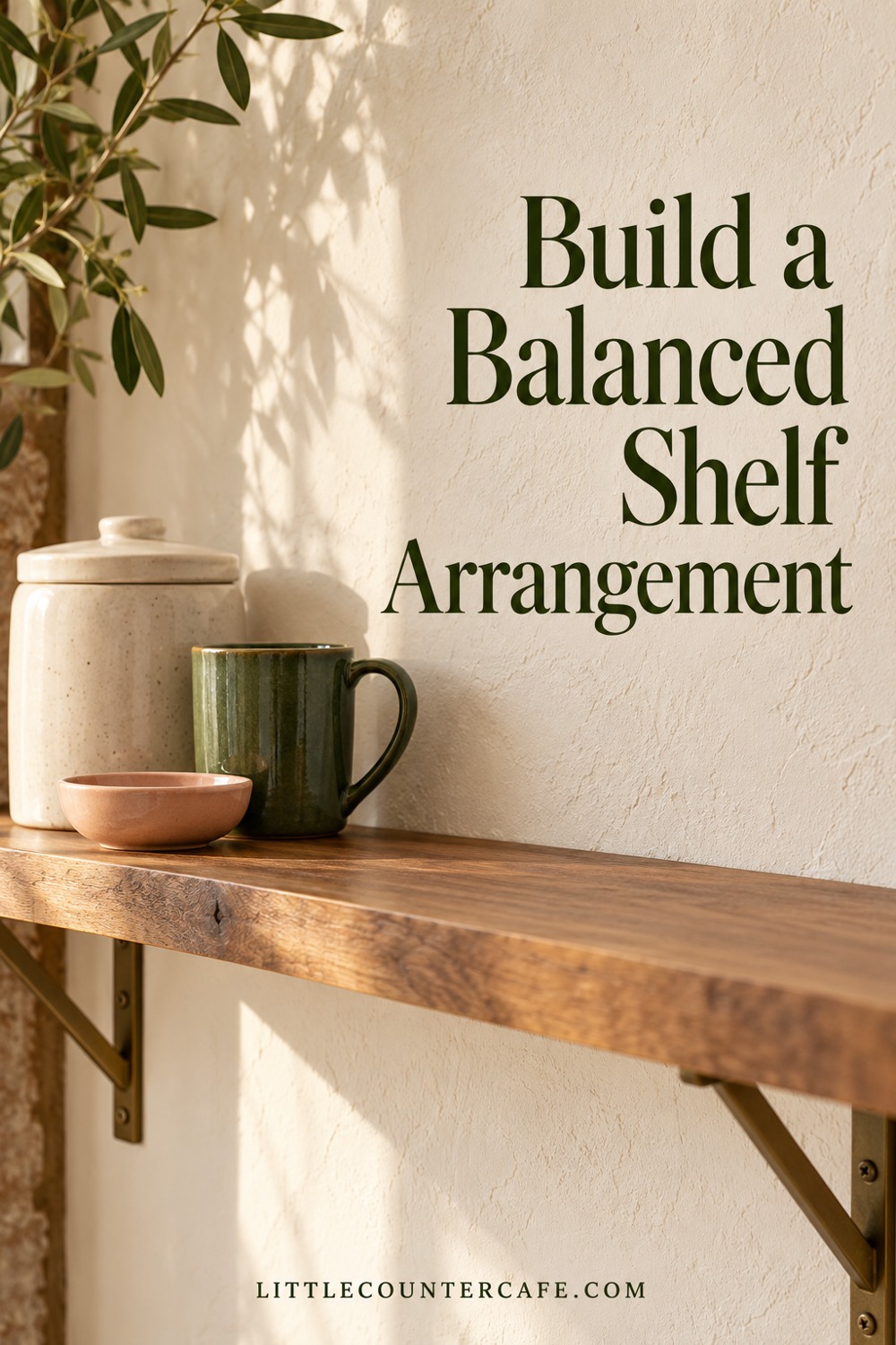 Cream closed canister, green mug and peach dish grouped at one end of an oak shelf.