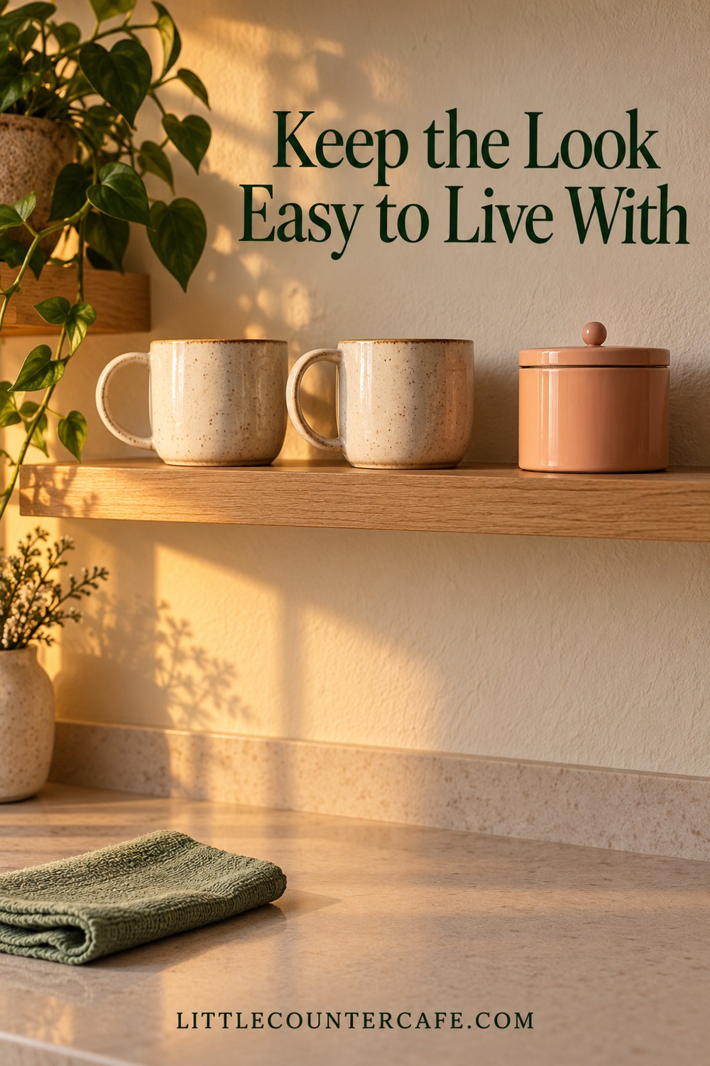 Two cream mugs and a peach lidded canister on an oak shelf above a folded sage cleaning cloth.