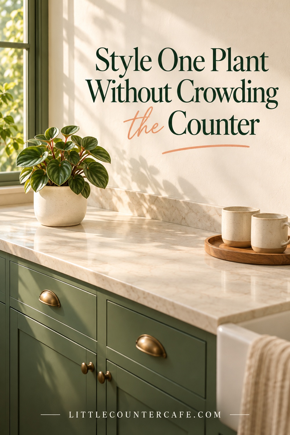 One cream planter and two mugs with open counter space.