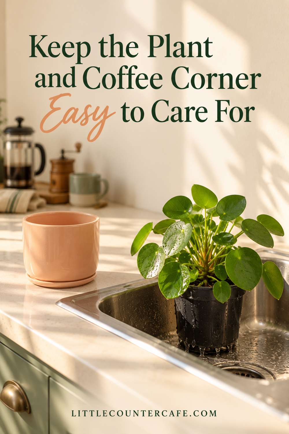 A removable plant pot draining at a sink away from coffee supplies.