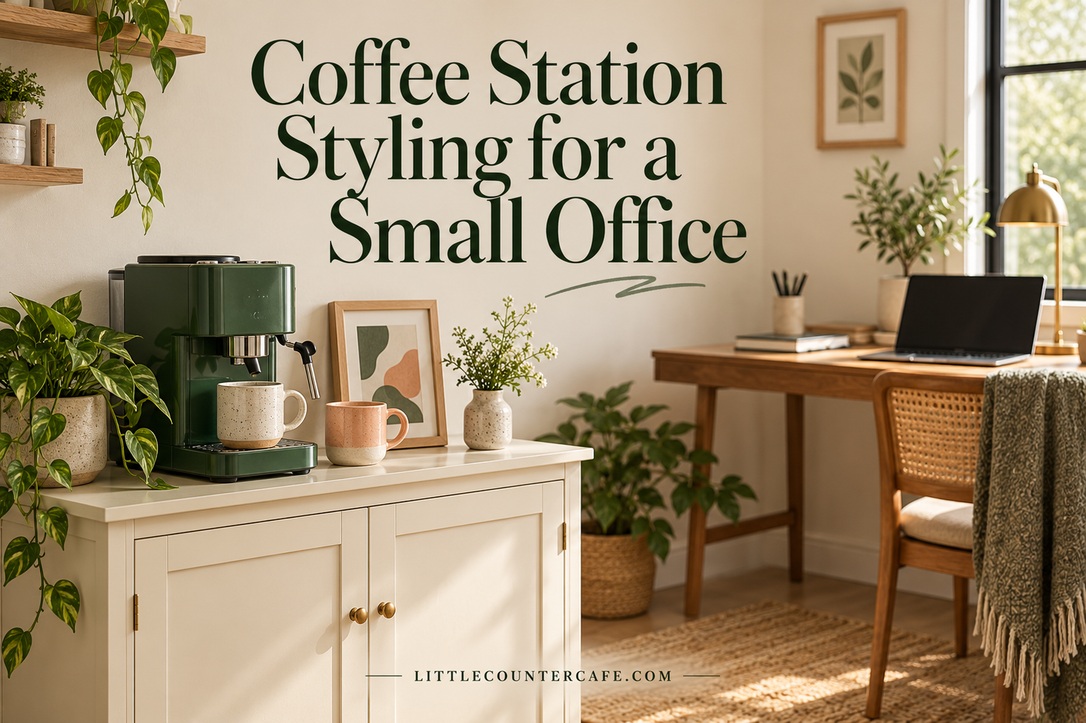 Cream coffee cabinet with a green brewer, mugs and framed art beside a separate wooden office desk.