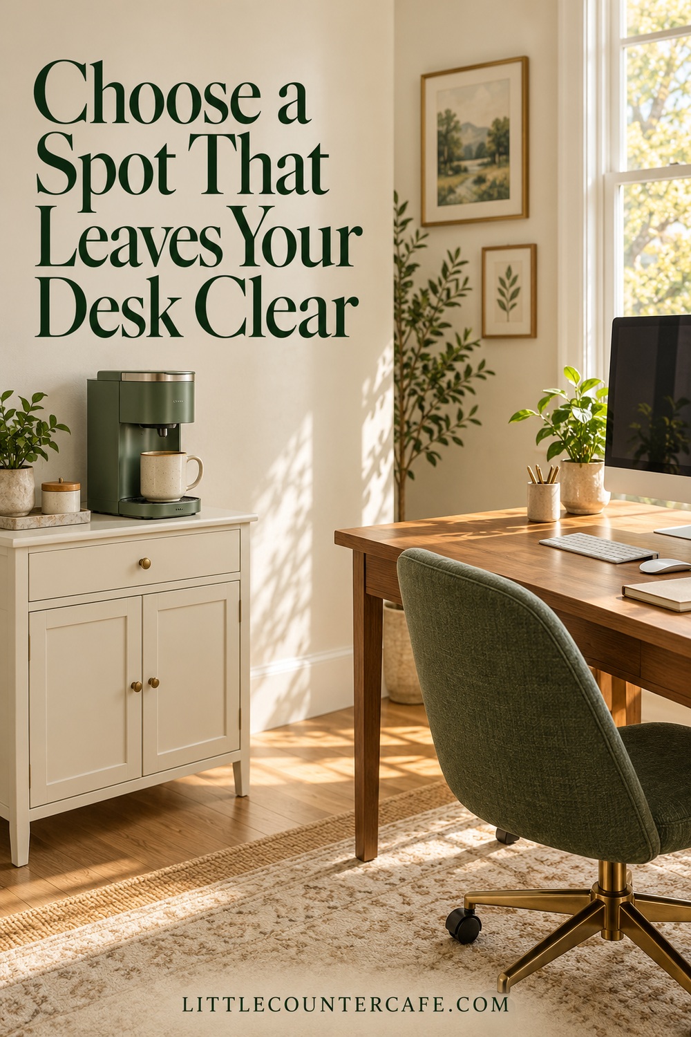 Green coffee brewer on a cream side cabinet with a clear computer desk on a separate surface.