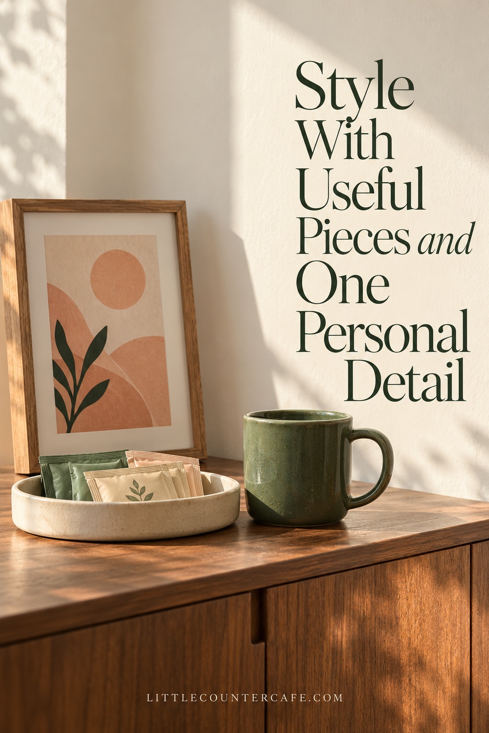 Green ceramic mug, shallow tea packet holder and small peach abstract print on a wooden cabinet.