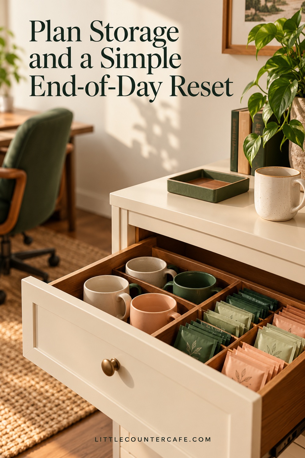 Open cream cabinet drawer with separate spaces for clean mugs and wrapped tea packets.