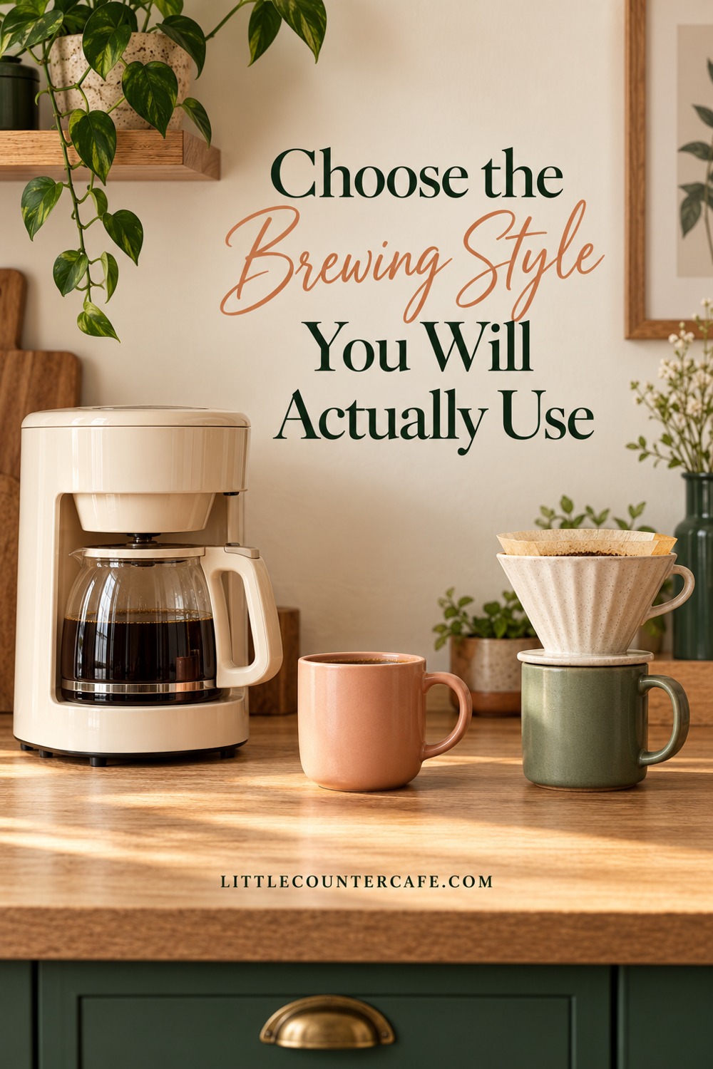 Cream drip coffee maker and ceramic pour-over dripper on a sage mug, with a peach cup between them.