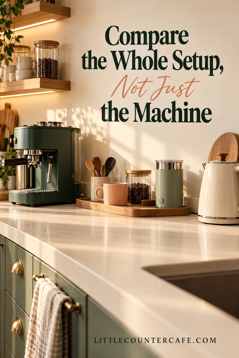 Green espresso machine, sage frother, peach mug, and cream kettle spread along a clear cream counter.